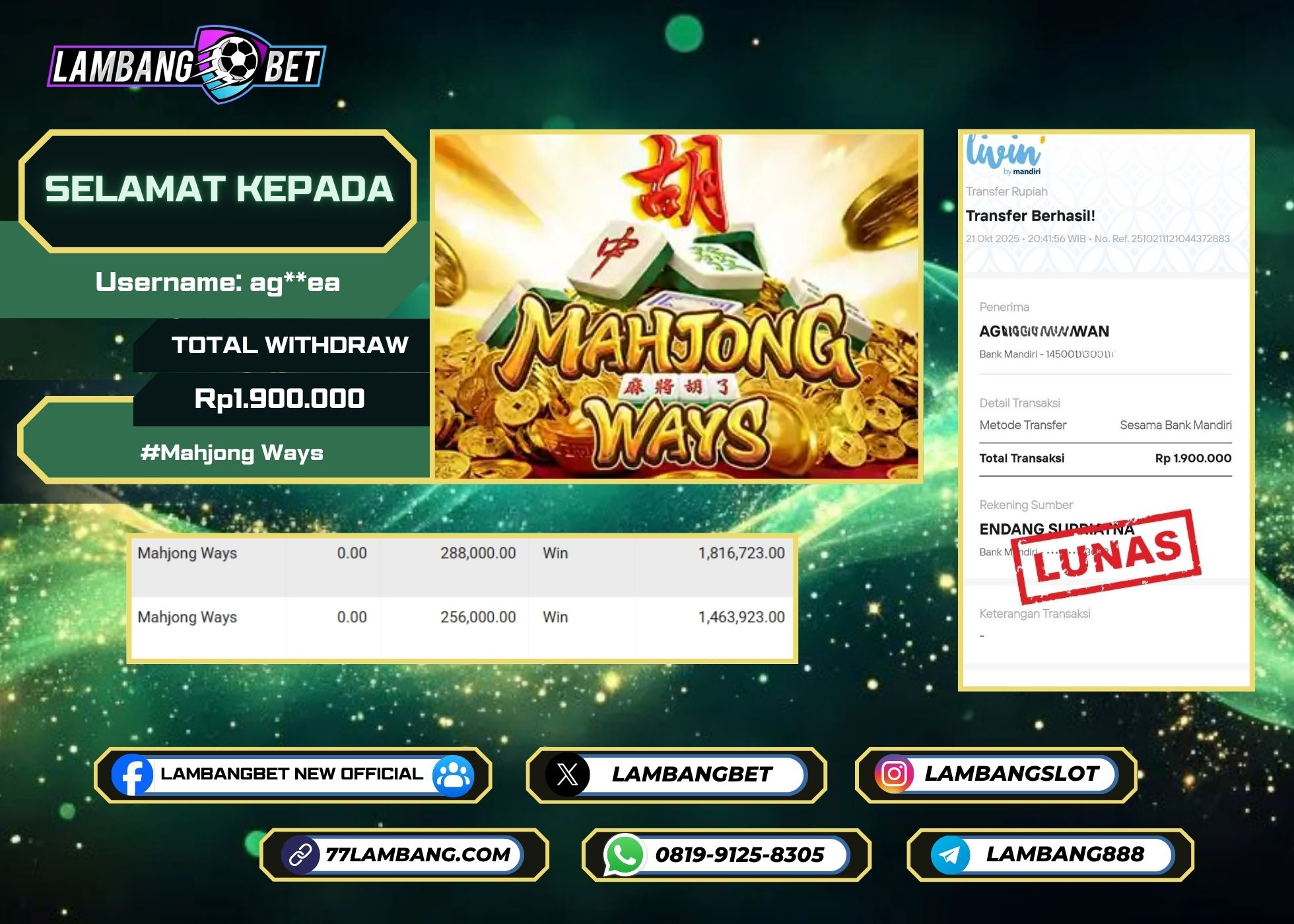 LAMBANGBET [21 OKTOBER 2025] JACKPOT SLOT Mahjong Ways "Rp1.900.000" LUNAS